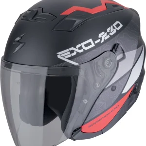 Scorpion EXO-230 BAND Cara Abierta Jet Casco Preto Mate Rojo Plata